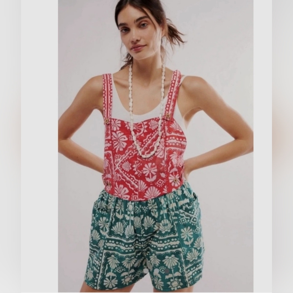 NWOT Free People Romper Women Red Green Tropical Cotton Vacation Boho Size L